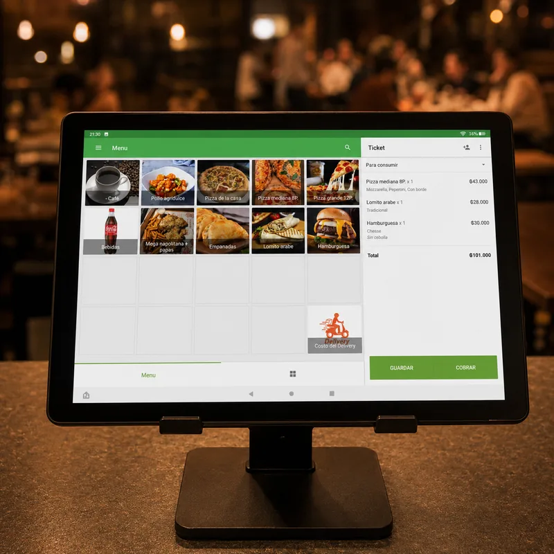 Tablet en el mostrador de un local lleno. A la izquierda la carta con fotos; a la derecha el ticket abierto con los tres ítems y el total de ₲ 101.000.