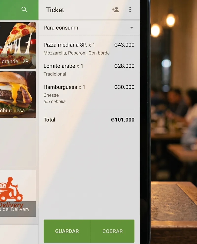 Detalle del panel del ticket: pizza mediana ₲ 43.000, lomito árabe ₲ 28.000 y hamburguesa ₲ 30.000 con la aclaración «sin cebolla» debajo. Total ₲ 101.000.
