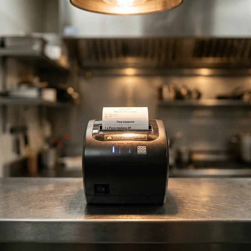 La impresora del pase de cocina sacando la comanda. En el papel se lee «Mesa 10 Salón» y el primer ítem del pedido.