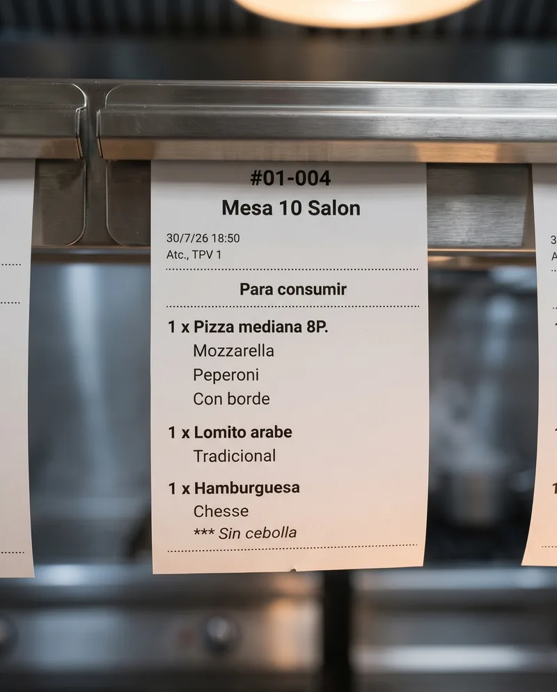 La comanda colgada en el riel del pase: mesa, hora, los tres ítems y «sin cebolla» escrito debajo de la hamburguesa.