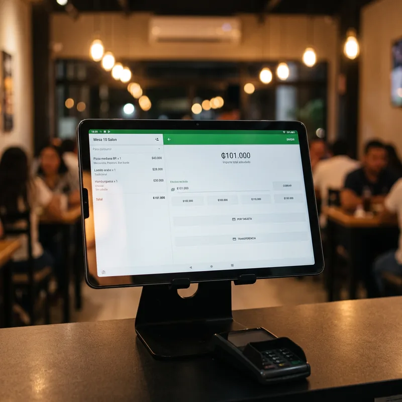 Pantalla de cobro en el mostrador: ₲ 101.000 a cobrar, con los botones de efectivo, tarjeta y transferencia. Al lado, el posnet.