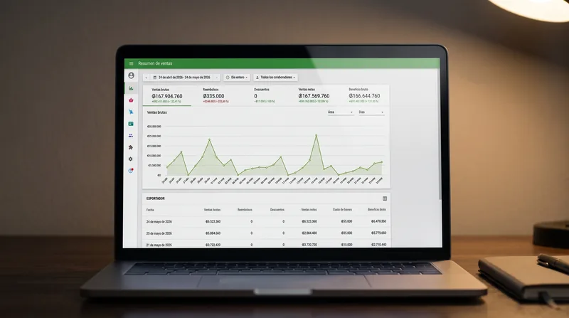 Resumen de ventas en la notebook: ventas brutas y netas del mes, la curva día por día y el detalle exportable por fecha.