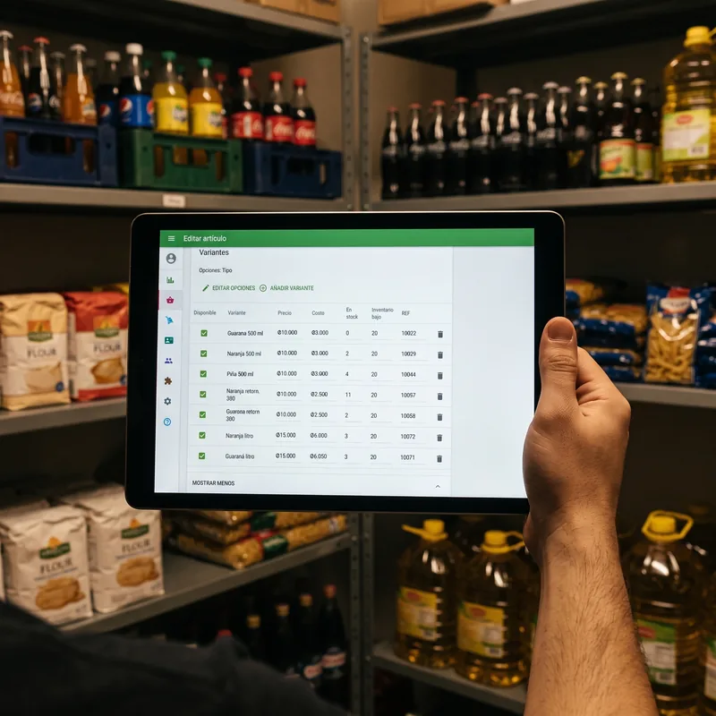Tablet en el depósito con el listado de insumos: precio, costo, stock actual y el mínimo de cada uno.